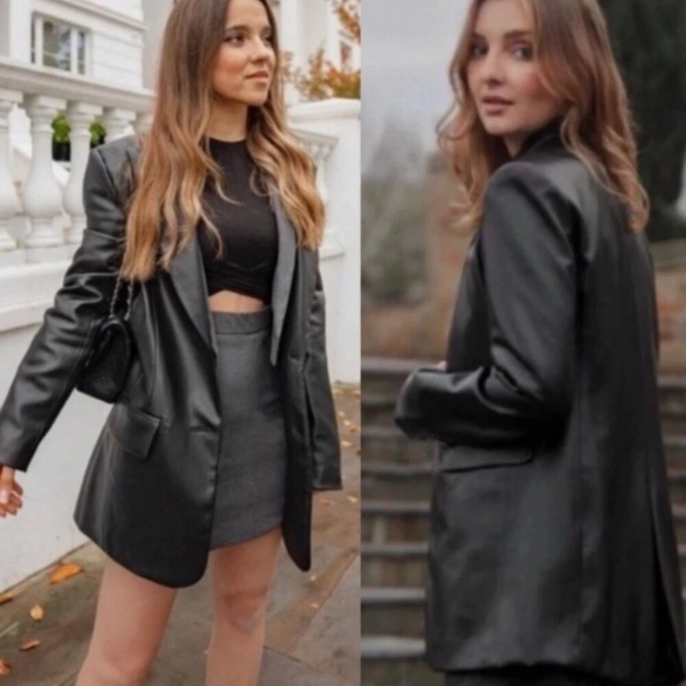 Zara Blogger Blazer Double Breasted Vegan Faux Leather Rock Chic Edgy